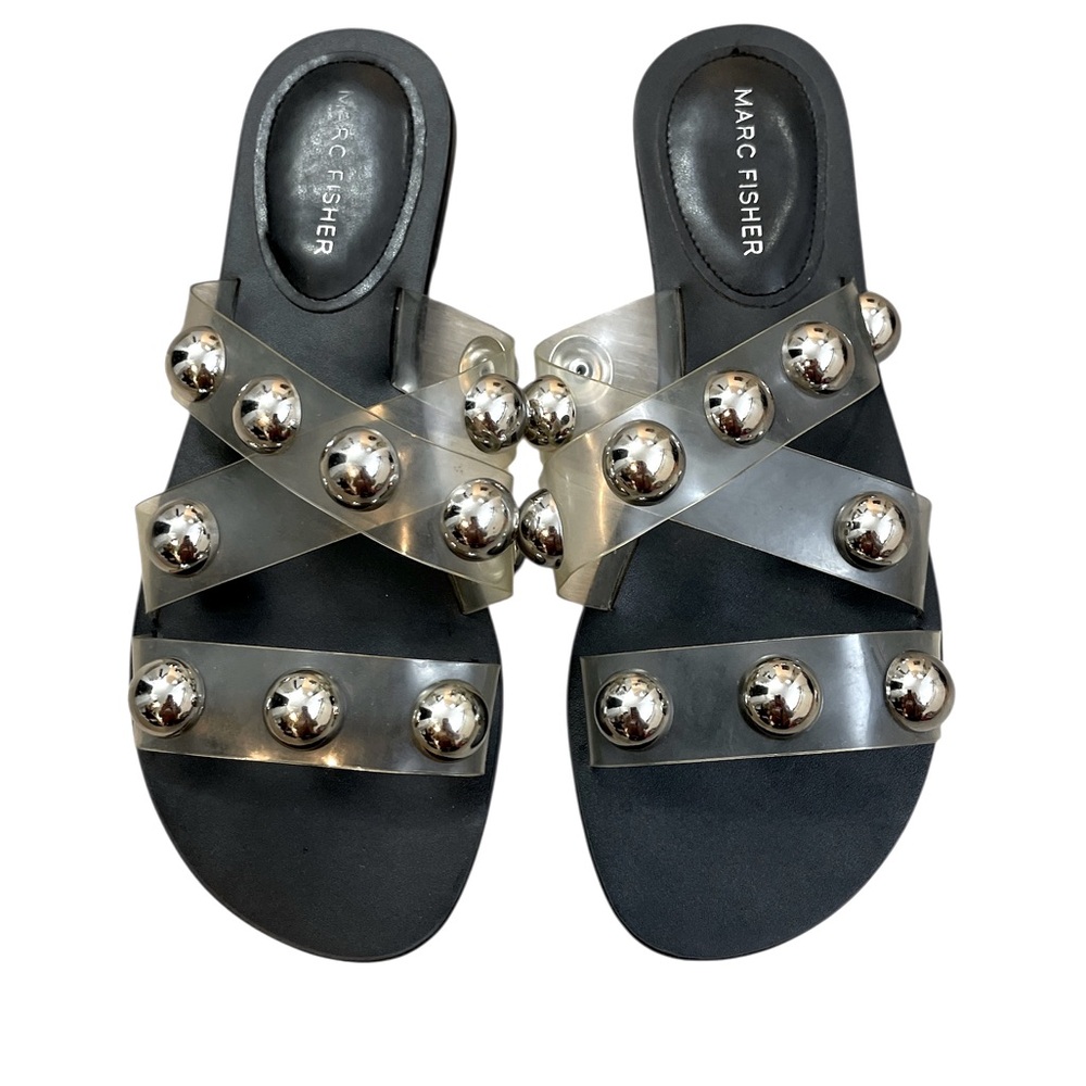 Marc Fisher Bryte Sandal Clear Silver Black Flat Slide Size 7.5